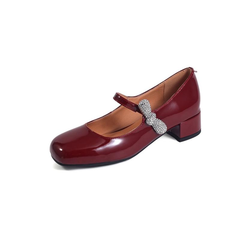 

Модная женская обувь из натуральной кожи, коровьей кожи, лакированной кожи с круглым носком, ремешком с пряжкой со стразами, бантом, туфли-лодочки Мэри Джейн 250 вино красного