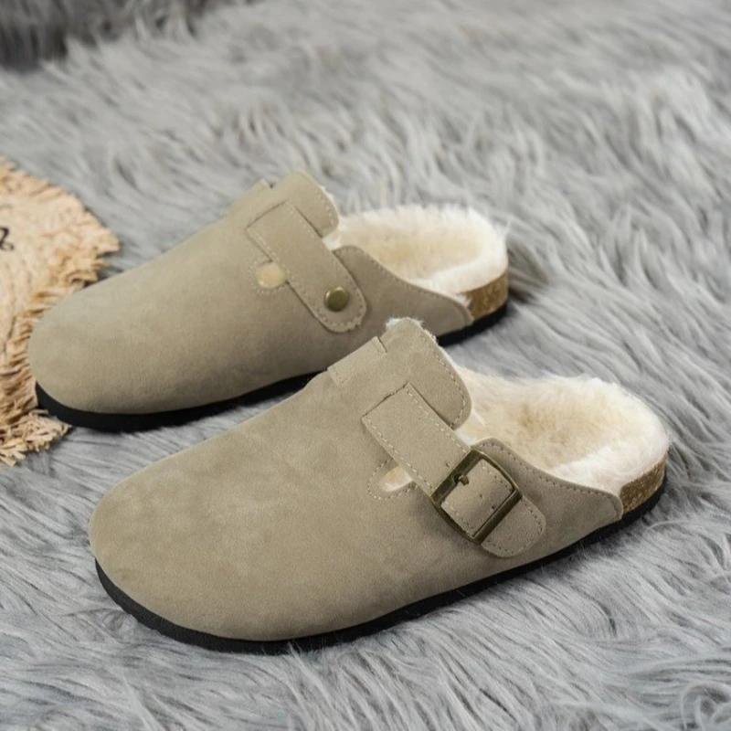 Comwarm Fur Lined Clogs Slippers for Women Men Winter Fuzzy Cork Slippers Fur Cork Mules Short Plush House Shoes Zuecos Mujer
