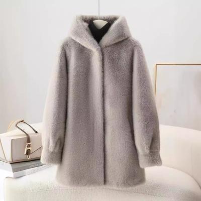 Herfst en Winter Bont Eendelig Nerts Fleece Bontjas Dames Imitatie Nerts Capuchon Middellange Jas