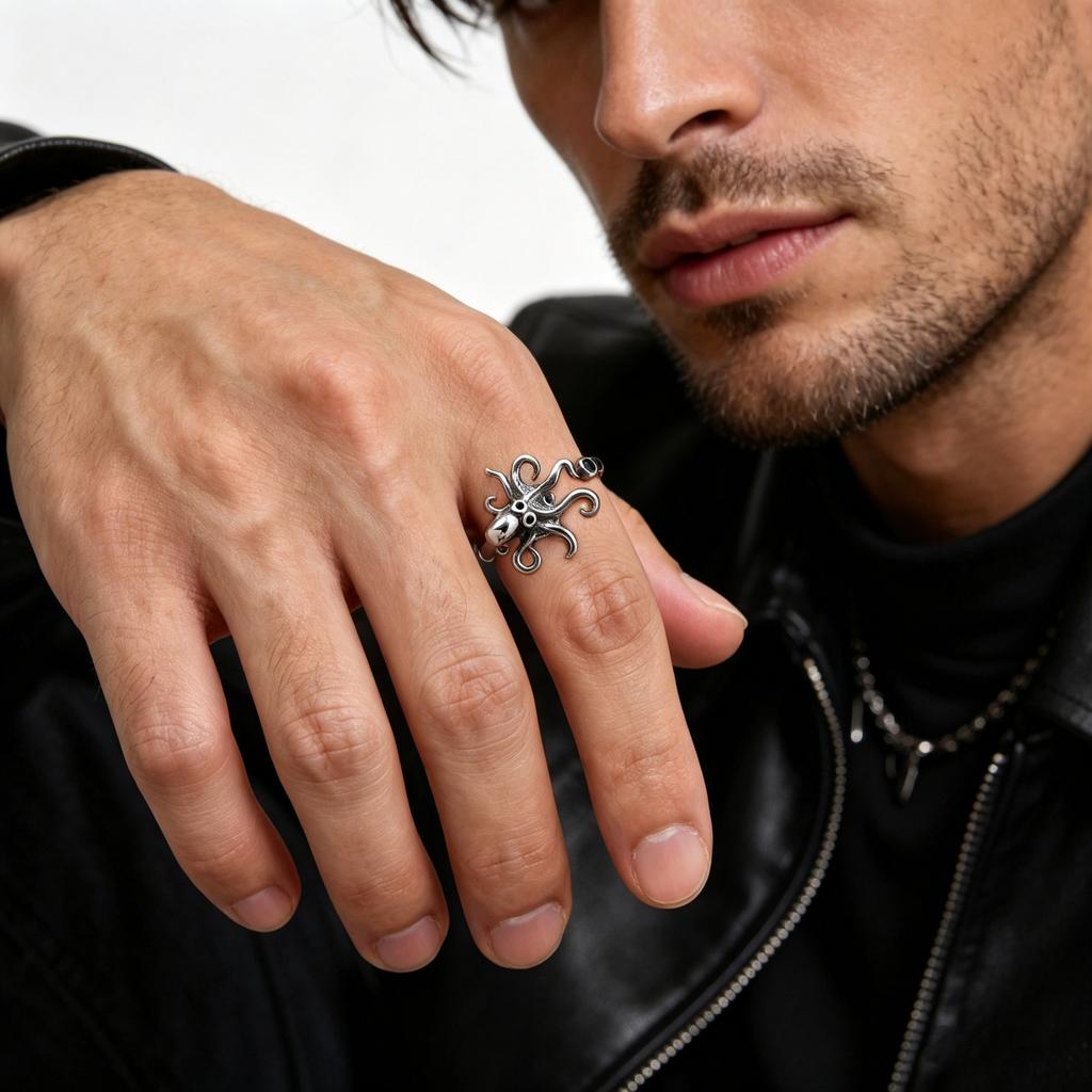 Modischer cooler drehbarer Oktopus-Ring für Männer, offener Ring mit Oktopus-Tentakeln aus Edelstahl, Unisex-Fingerring-Geschenk
