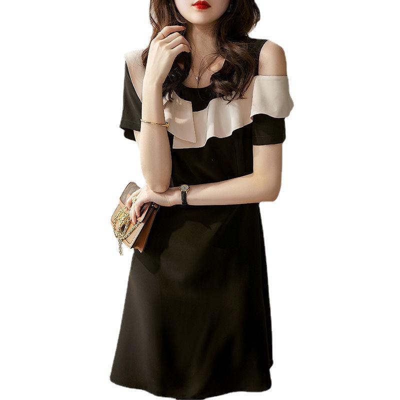 2024 Summer Off-Shoulder Elegant Slim Black Dress with Short Sleeves and Ruffled Design for Women