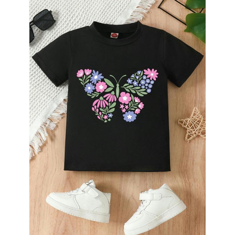 

European sizes A Short-Sleeved S Tee Featuring a Floral And Butterfly Design, Stylish, Charming, And Adorable 98cm чёрный