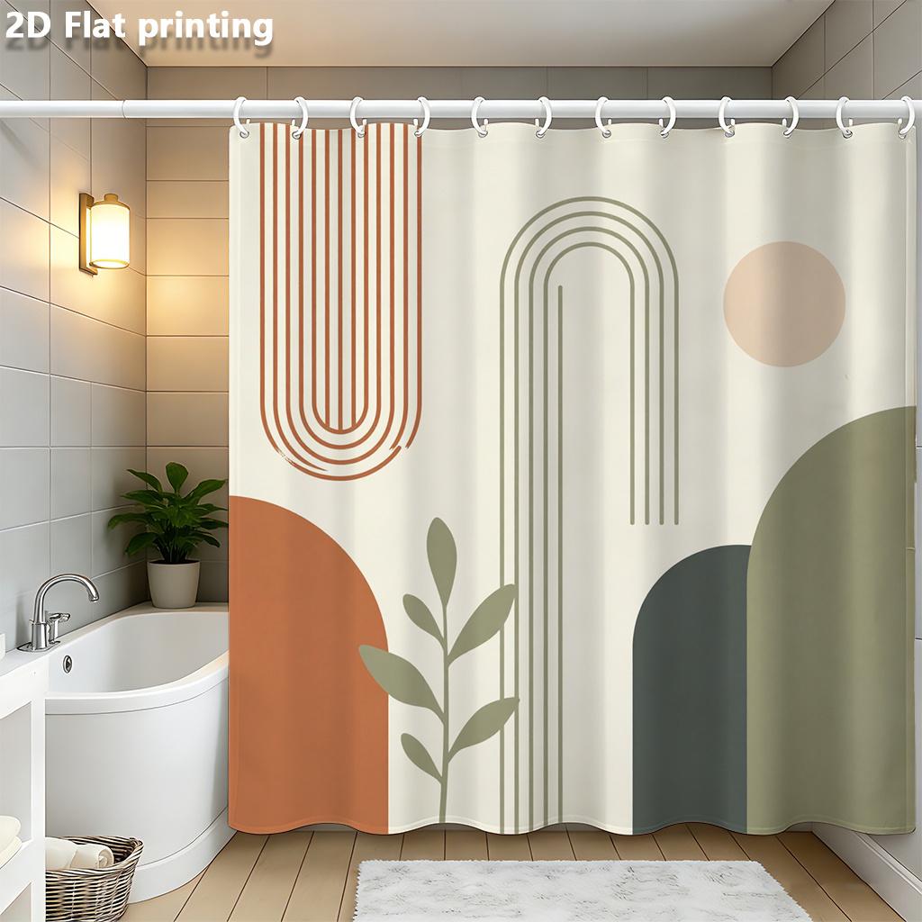 

Abstract Geometric Shower Curtain 1Pc Polyester 2D Flat Print 70.8X70.8 Inch Earthy Tones With Leaf Motif Modern Bathroom Decor W60H190(CM)-1 Pcs