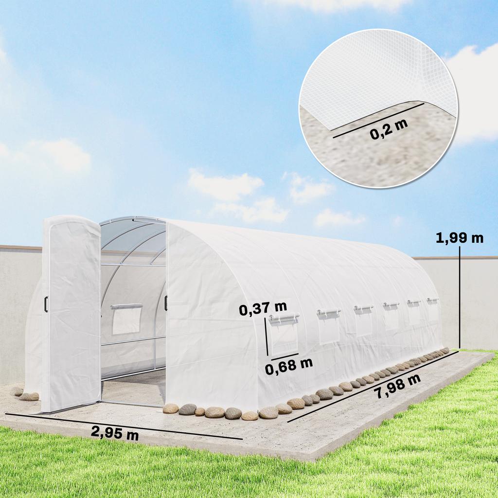 Garden tunnel greenhouse 24m², garden tunnel greenhouse with doors and 12 windows with insect screens, 295x798x199cm, white