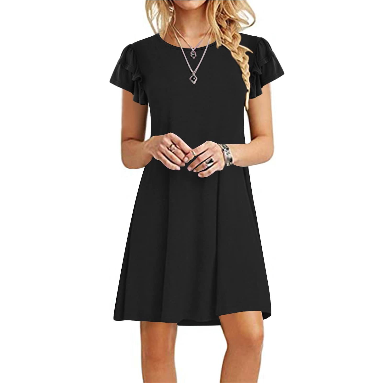 Женское летнее винтажное однотонное свободное платье с круглым вырезом и баской — фото 6