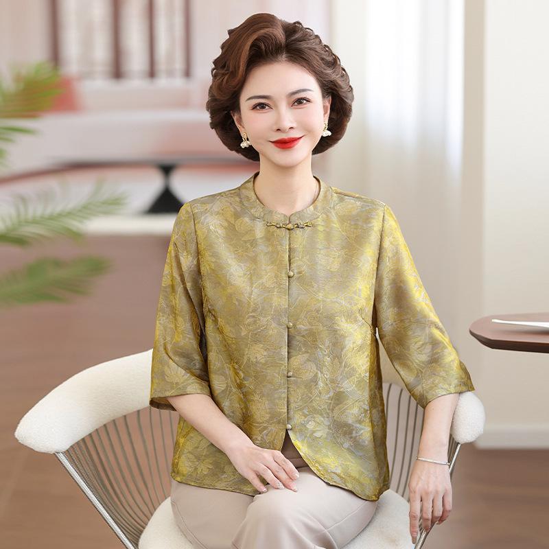 Mom's Summer Seven-Sleeve Loose-Fit Printed Shirt for Middle-Aged Women, Imitation Silk