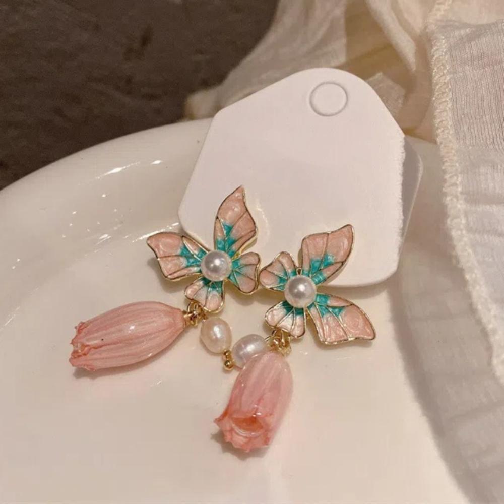 Oil Drop Butterfly Earrings Flower Pendant Sweet Stud Earrings Vintage Earrings Women  Party