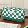 High-Capacity Green & White Checkerboard Pencil Case: Multifunctional and Hand-Held Large Stationery Storage Bag