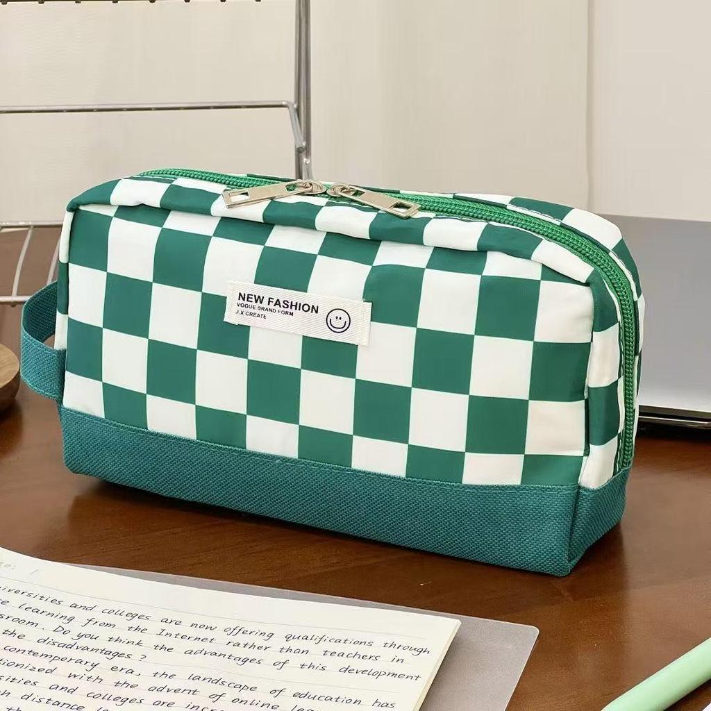 High-Capacity Green & White Checkerboard Pencil Case: Multifunctional and Hand-Held Large Stationery Storage Bag