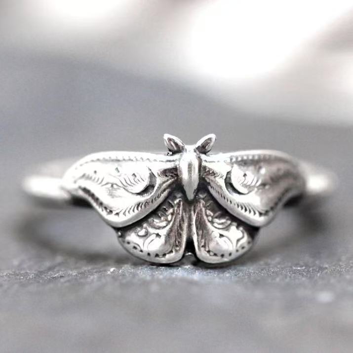 Vintage Death Moth Statement Ring, Retro Engraved Luna Moth Ring, Gothic Insect Stack‑able Jewelry, Unique Gift for Women Men