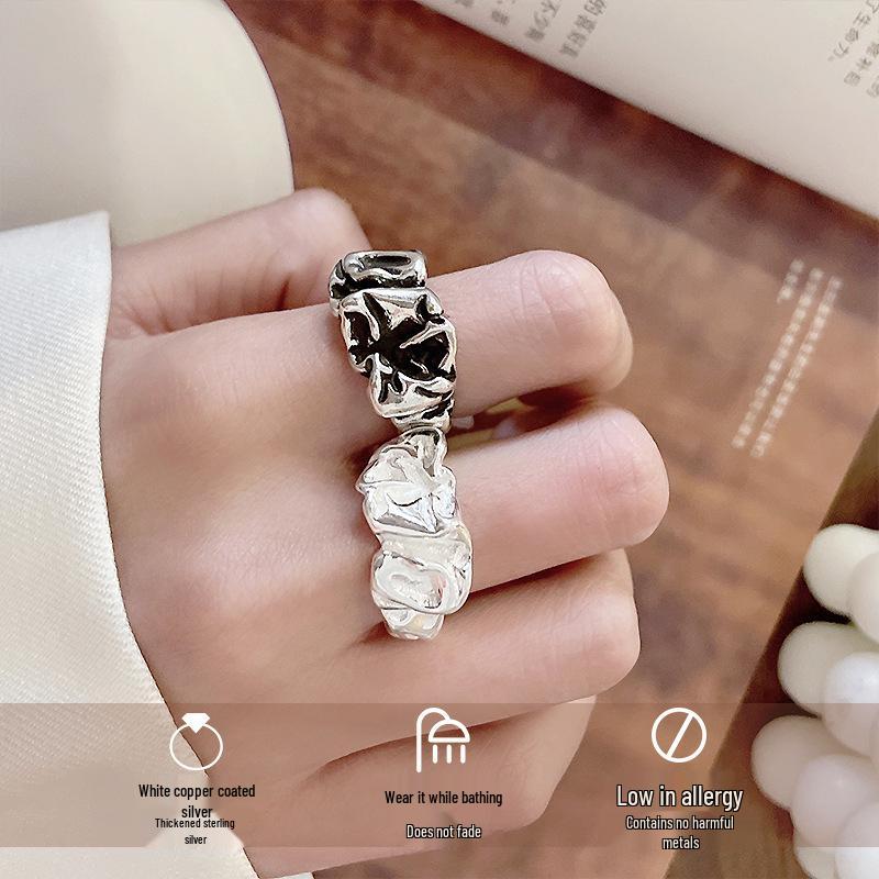 

Exaggerated European and American Design Retro 925 Silver Ring with Non-Fading Thai Tin Foil Accent Adjustable