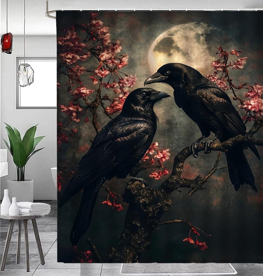 Dunika Chen Black/Dark Gothic Ravens Shower Curtain Vintage Crows Academic Mystery Bird Nature Bathroom Decor Hooks