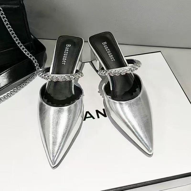 2025 summer new French premium cool slippers wear thick high heels pointed temperament silver bag head half slippers women