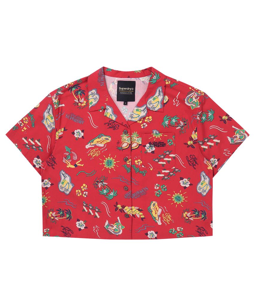 Syupeodeulai W Palm Surf Hawaiian Crop Shirt Red