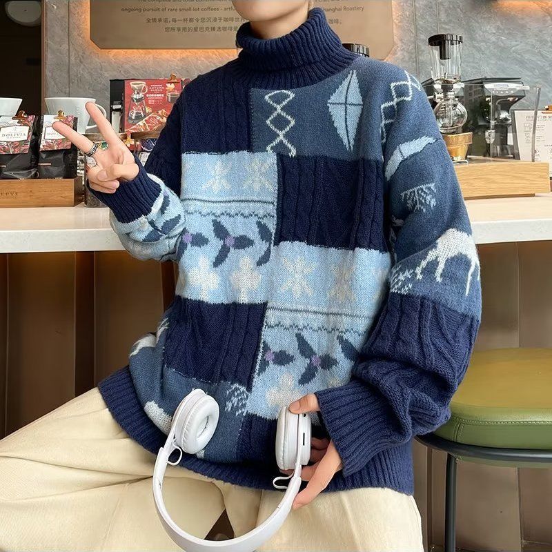 

Свитер с высоким воротником для мужского зимнего тепла, утолщенный и свободный вязаный свитер L синий