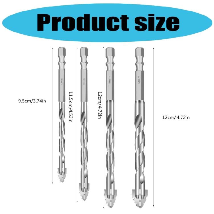 4Pcs 1/4" Hex Shank Four Flute Sawtooth Serrated Eccentric Twist Drill Bits with Carbide Tips Multiple Size 6/8/10/12mm