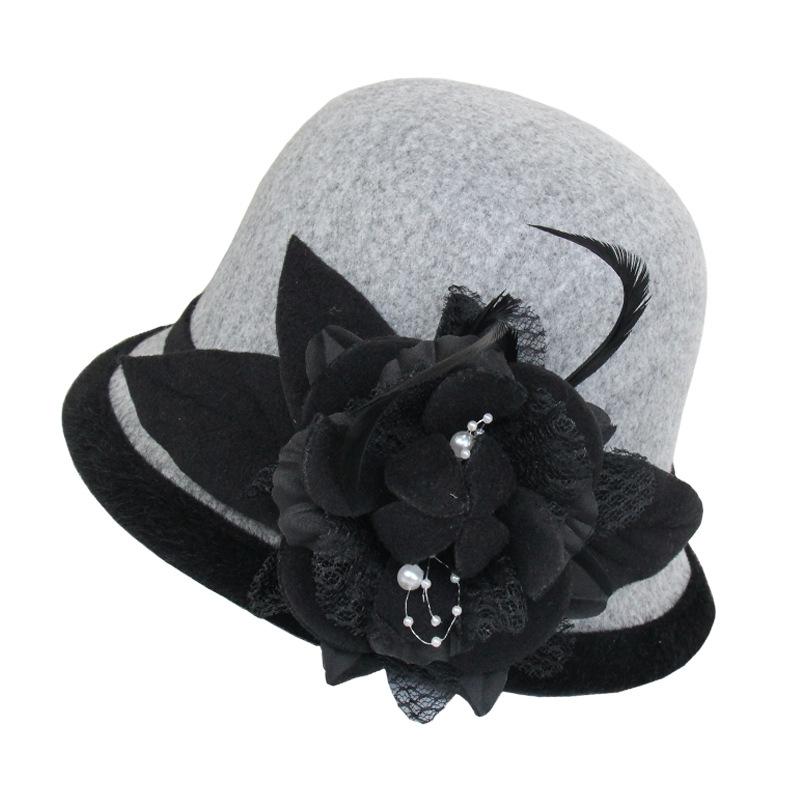 Hat Women's Autumn and Winter New Black Woolen Hat Casual Warm Bucket Hat British Feather Flower Top Hat