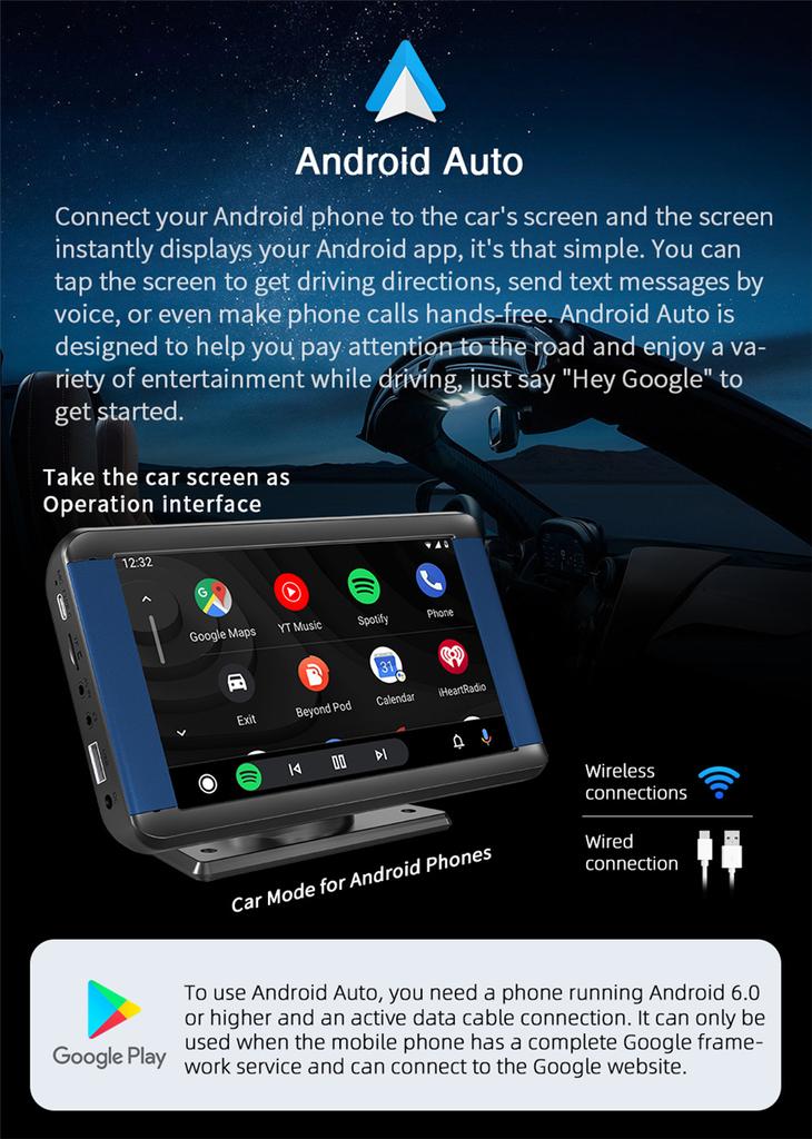 7'' Wireless/Wired Carplay Android Auto Monitor Bluetooth Mirror Link w/Bracket