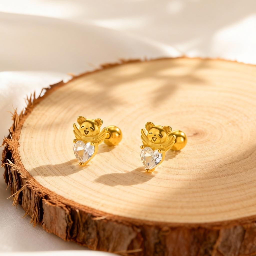 Unique Heart Shaped Zircon Stud Earrings,Women's Electroplated Angel Bear Earrings,Stainless Steel Ear Bone Nails Jewelry Gift