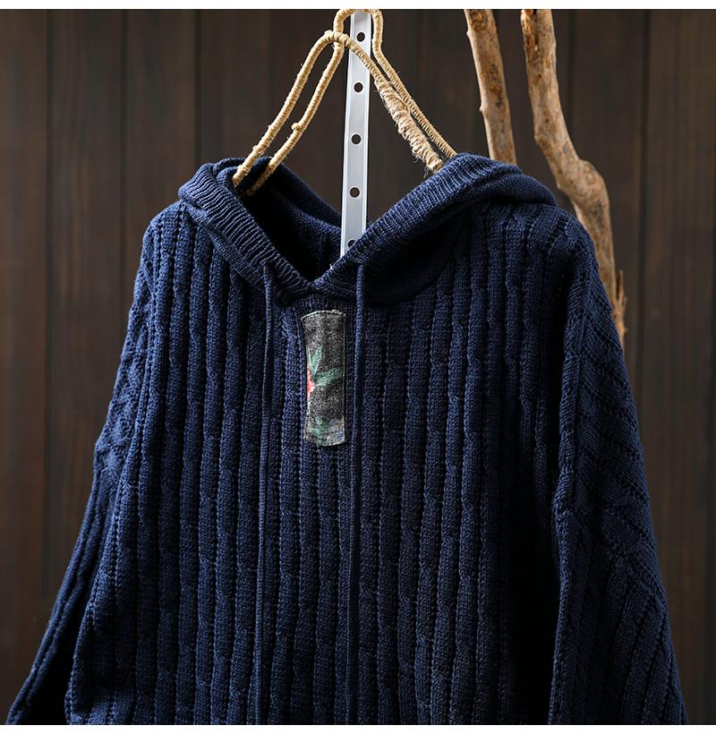 Women's Retro Ethnic Drawstring Hooded Appliqué Knit Cotton Sweater - Loose Plus Size for Spring & Autumn