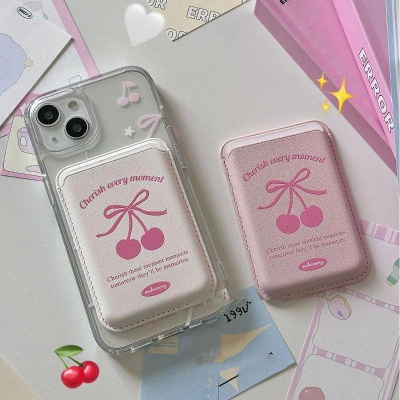 Korean Cute Bow Wallet Magnetic Card Holder For Phone Pu Leather Pocket Phone Bag Accessory Ins