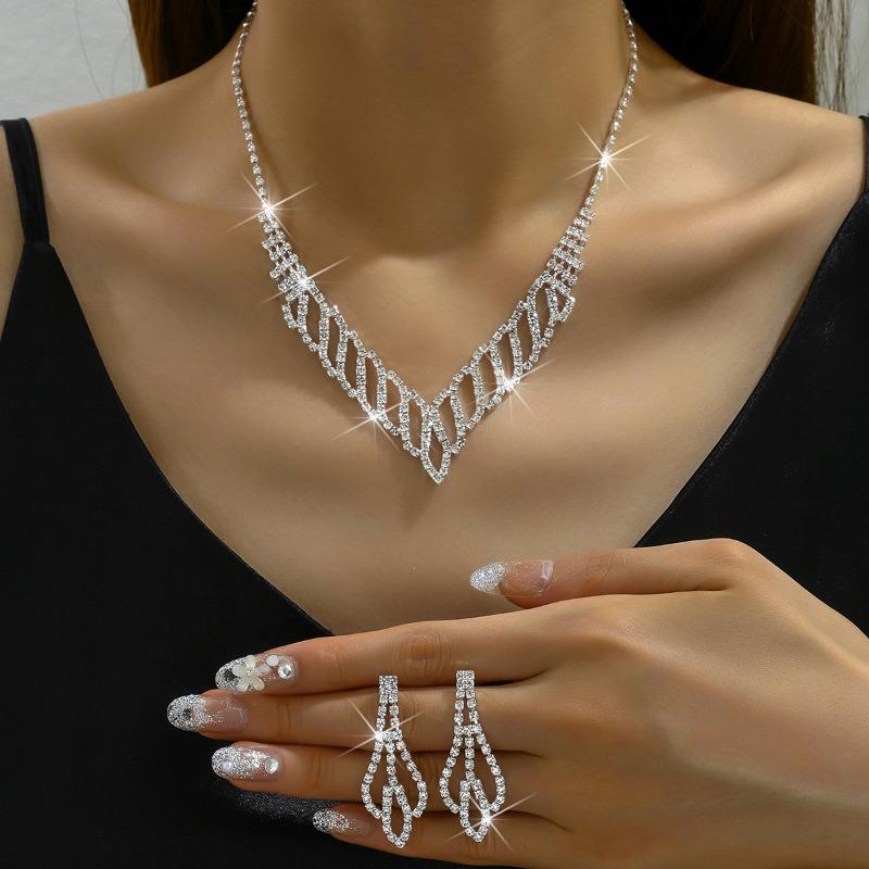 Meier Women s jewelry wedding celebration accessories silver diamond necklace earrings set