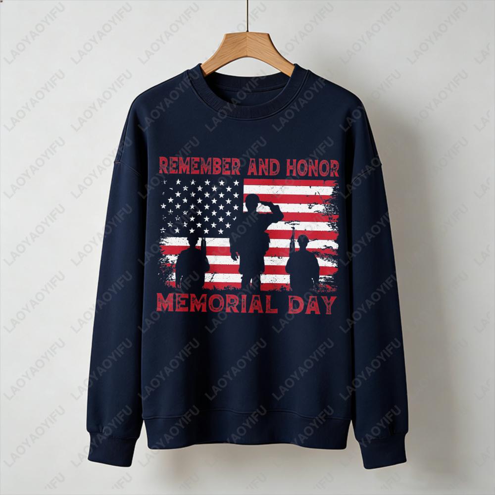 Remember and Honor Memorial Day Sweatshirt Men Women Crewneck Long Sleeve Pullover Patriotic Military Veteran Flag Gift Tops