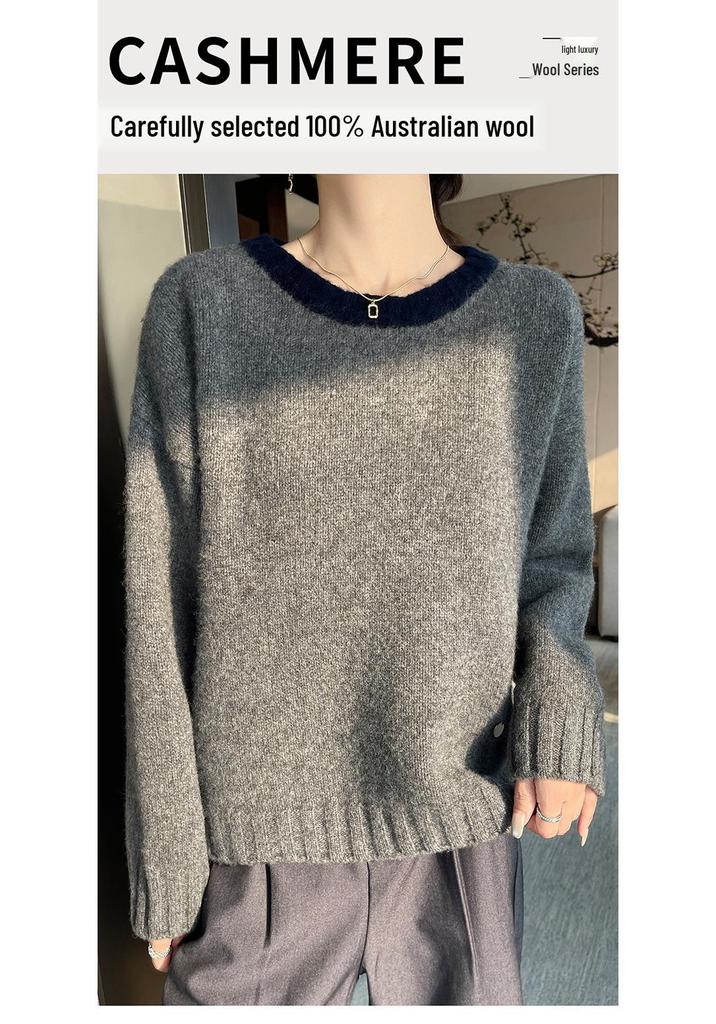 Women's Color Block Pure Wool Round Neck Knit Sweater - Slimming, Loose Fit, Autumn/Winter Style