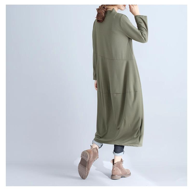 High-neck Long Sleeved Solid Color Dress