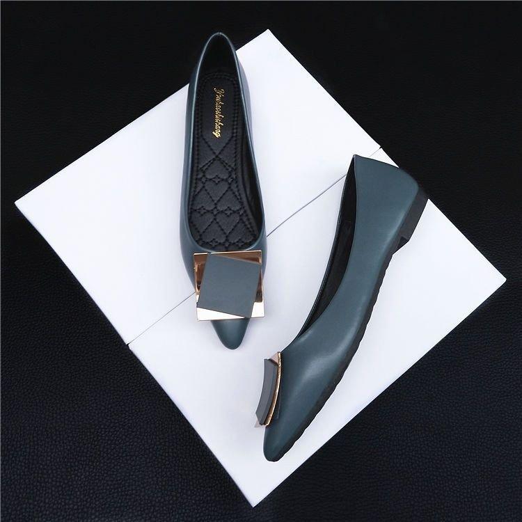 Spring and summer high heels women's medium heel single shoes soft leather pointed metal buckle fashion work girls shoes
