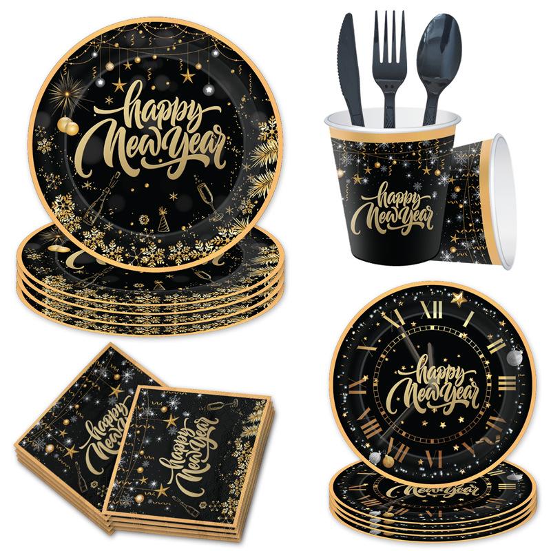 Black And Gold Happy New Year Theme Party Set Paper Cups Paper Plates Paper Towels Tableware New Year'S Arrangement Supplies