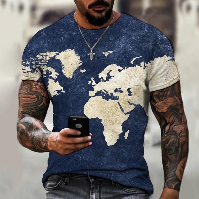 Tricou pentru bărbați cu imprimeu hartă mondială, modă nouă, stil stradal Harajuku, gât rotund, mânecă scurtă, confortabil, top mare