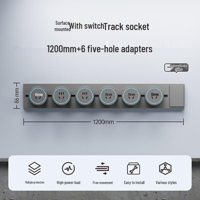 Surface-Mounted Anti-Shock Adjustable Power Strip with Switch Track for Kitchens