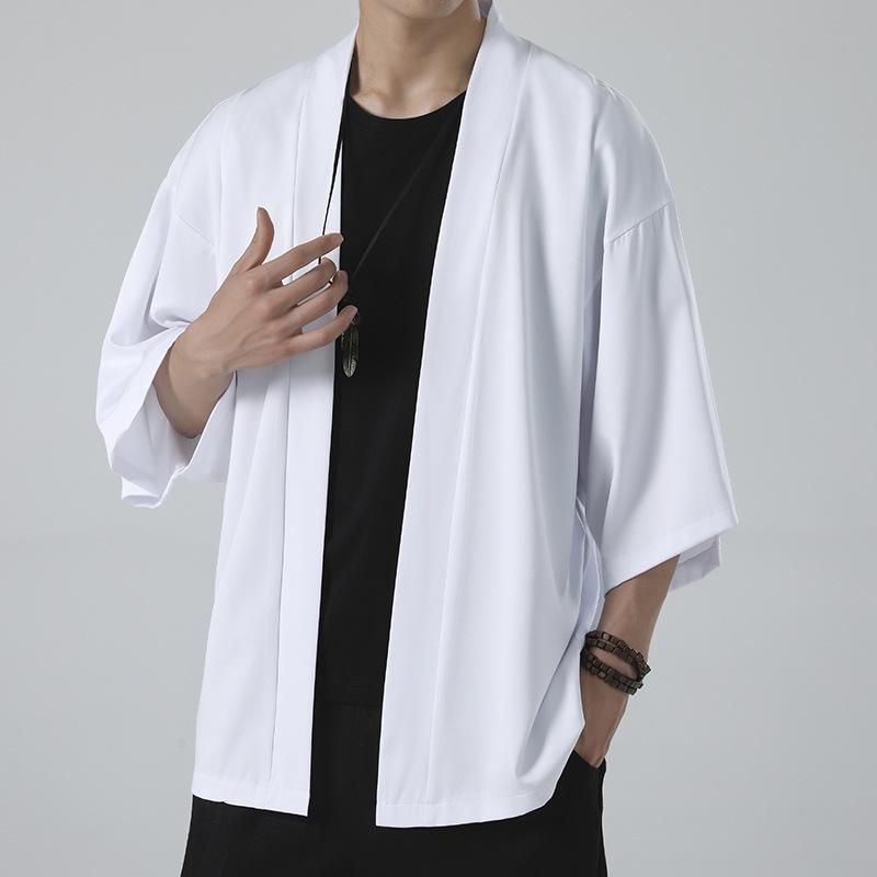 2023 Men's Casual Chinese Style Ice Silk Cardigan - Solid Color, Loose Fit, Three-Quarter Sleeves
