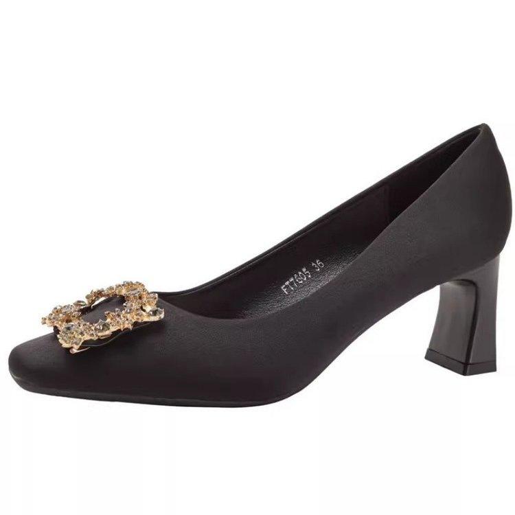 French temperament thick heel rhinestone high heels autumn new black rhinestone square buckle ornament butterfly flower shoes