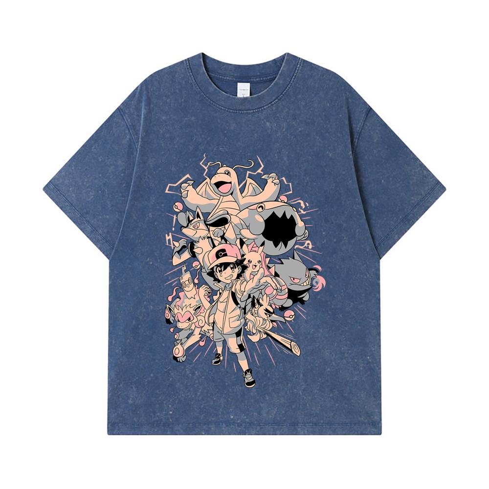 

275 GSM Washed T-shirts 100% Cotton Pokemon V20 Print Unisex Heavy Cotton T Shirt 2XL королівський синій колір