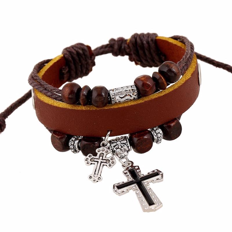 Beaded cross leather bracelet real leather bracelet punk style