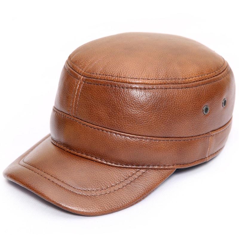 

Genuine Cow Leather Military Hats For Men Fall Winter Men s Cowskin Hat With Ear flap Real Cowhide Flat Top Baseball Caps Adjustable 55-60cm