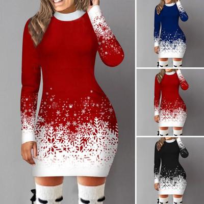 Vestido feminino outono inverno estampa floco de neve gradiente cor combinando bainha justa grossa quente manga comprida gola redonda mini vestido feminino para festa de ano novo