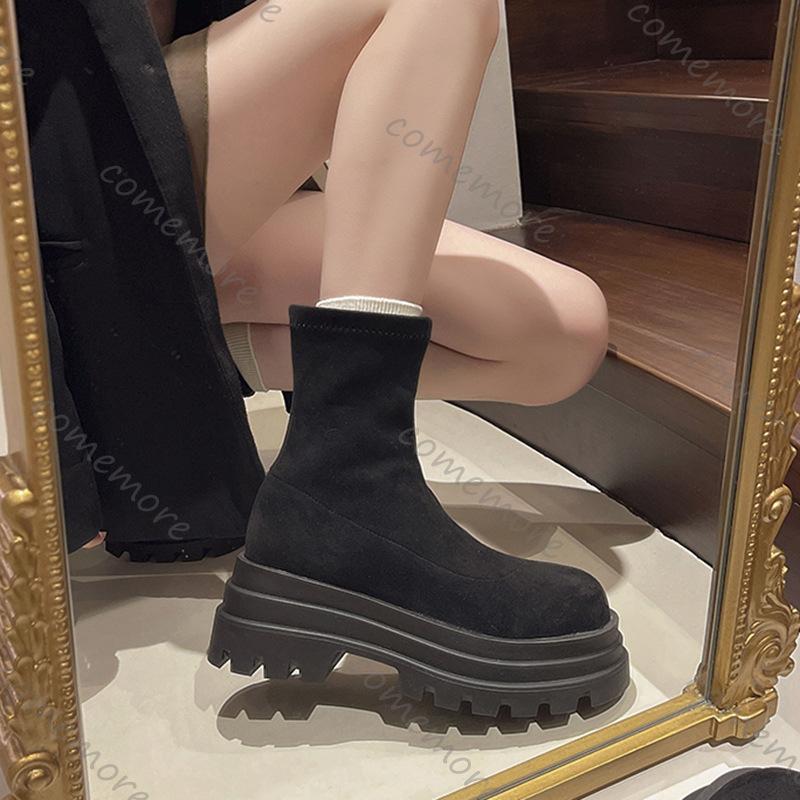 Comemore Thick Bottom Short Boots Women Autumn Winter Shoes Vintage Platform Slip On Suede Solid Ankle Boots for Women