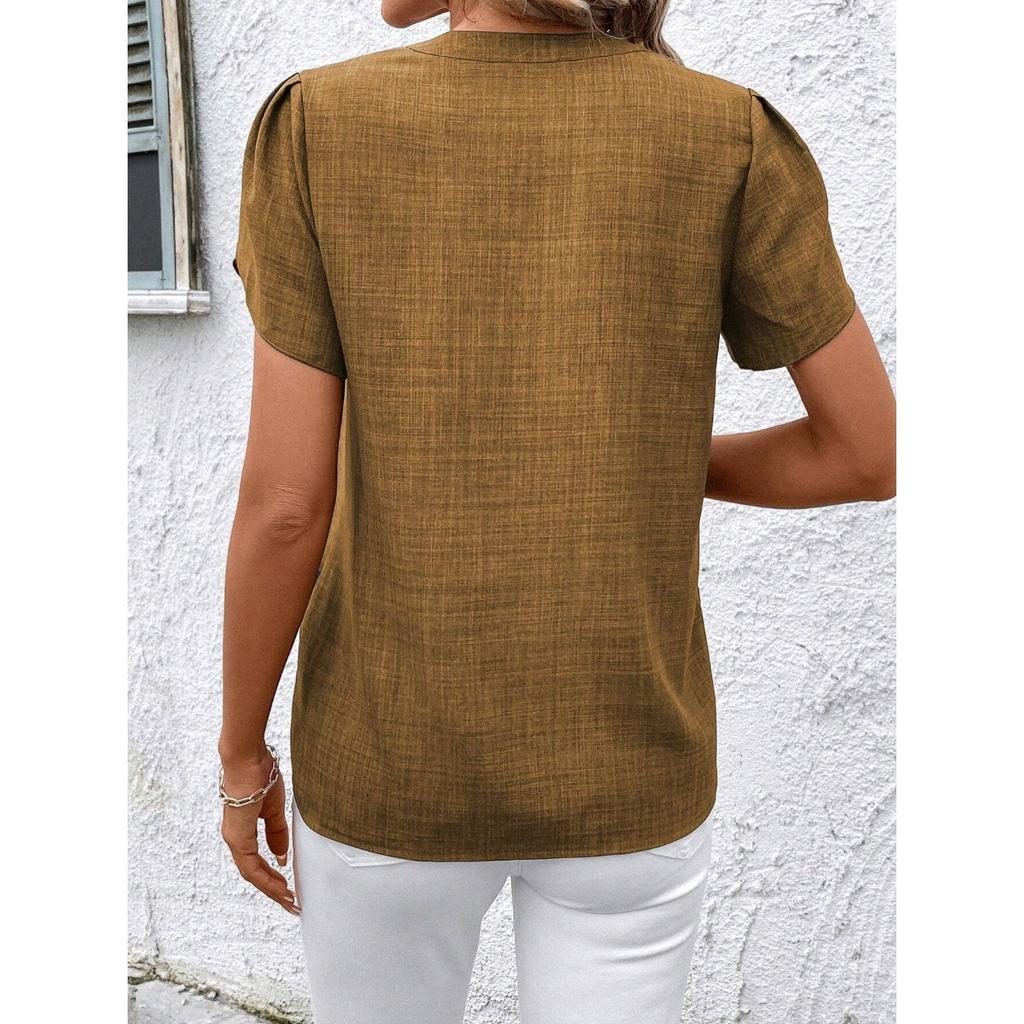 GMXIA Spring Summer Semi-open Collar Short Sleeve Shoulder Crepe Pullover Solid Color Printed Inch Shirt T Top Women