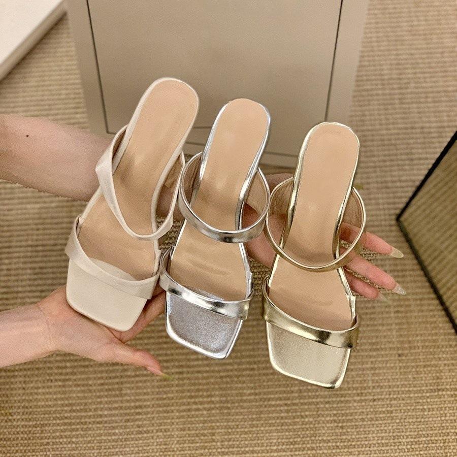 Wedge Heel Silver Simple One-word Slippers Women's Shoes Outer Wear 2025 Summer Low Heel Temperament with Skirt Sandals