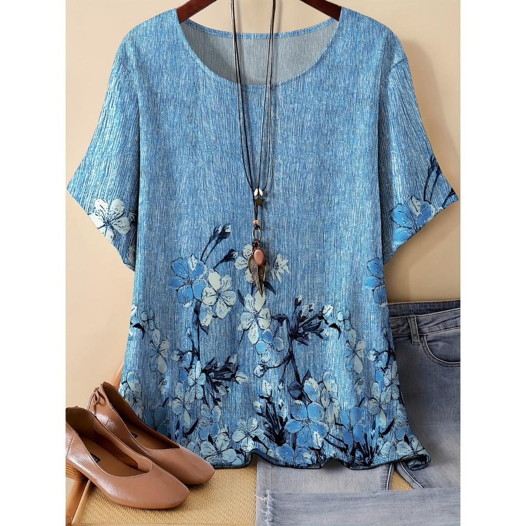Summer Round Neck 3D Flower Pattern Print Top Fashionable Casual Short Sleeved Women's T-shirts