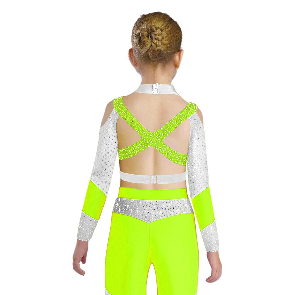 Mädchen Langarm Strass Farbblock Crop Top Kreuzrücken Cutout Gymnastiktop