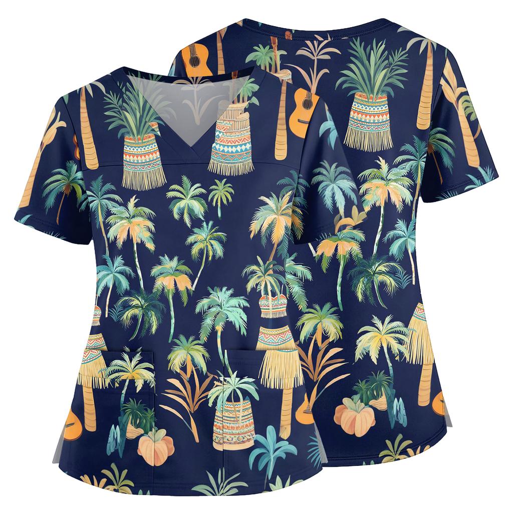 Women's V Neck Medical Scrub Top Hawaiian Print Short Sleeve Side Slit Pockets Nurse Uniform Shirt Lightweight Breathable Fabric