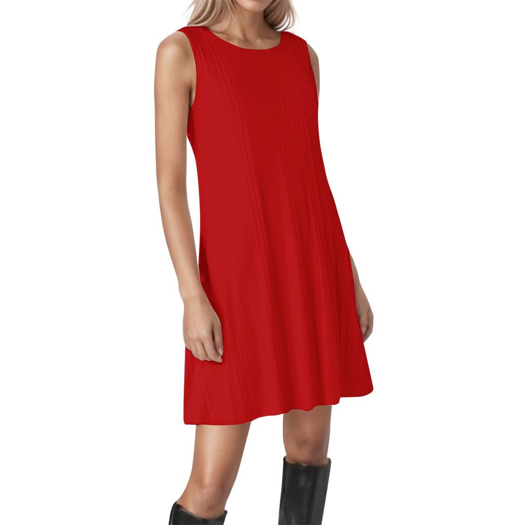 Women's Round Neck Sleeveless Striped Texture Solid Color Casual Dress