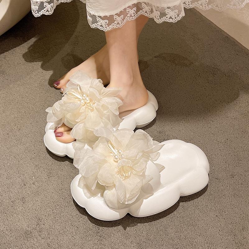 Perlenblumen-Flats Damenmode Runde Spitze Offene Zehenpartie Weiche Sohle Rutschfest und Verschleißfest Mittelhohe Hausschuhe