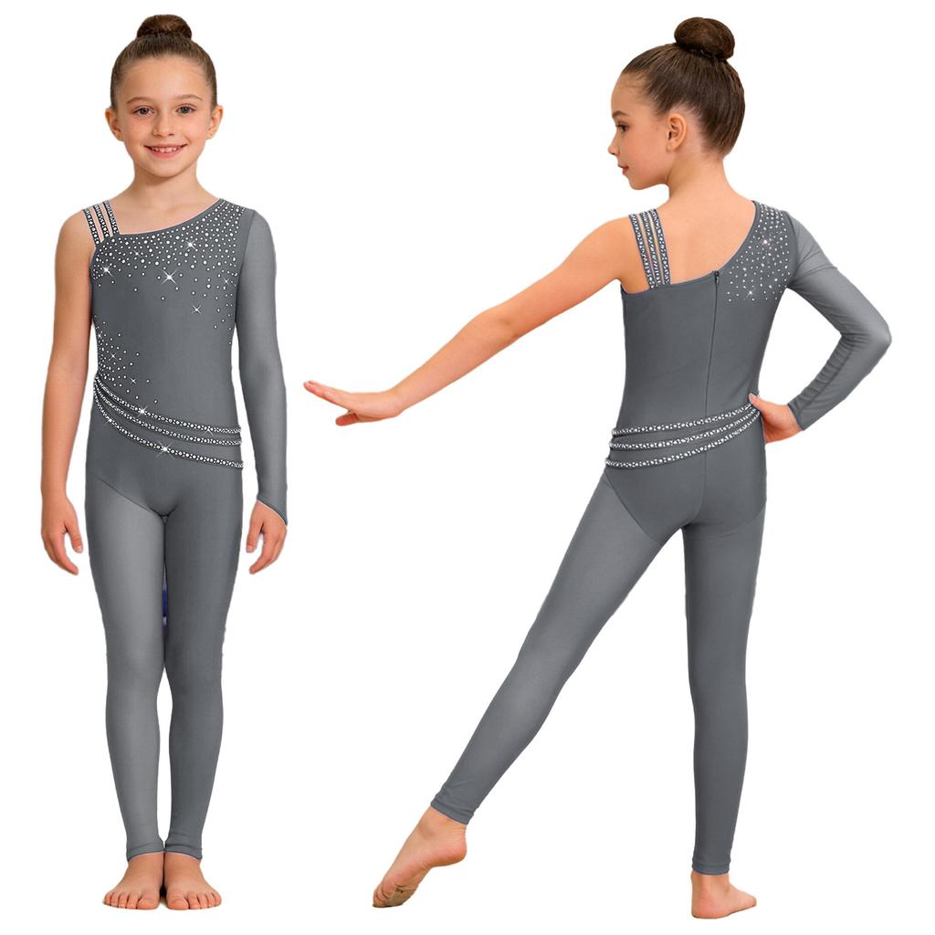 Girls Figure Skating Gymnastics Jumpsuit Asymmetrical Design Back Invisible Zipper Mesh Patchwork Sparkly Rhinestones Bodysuit for Competition