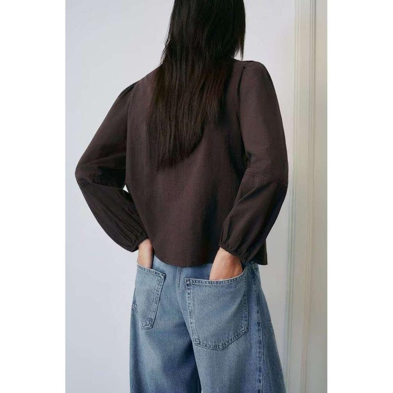 Za Autumn New Women Clothes 2025 Western Style Round Neck Flower Embroidery Laminated Decoration Shirts 7200226