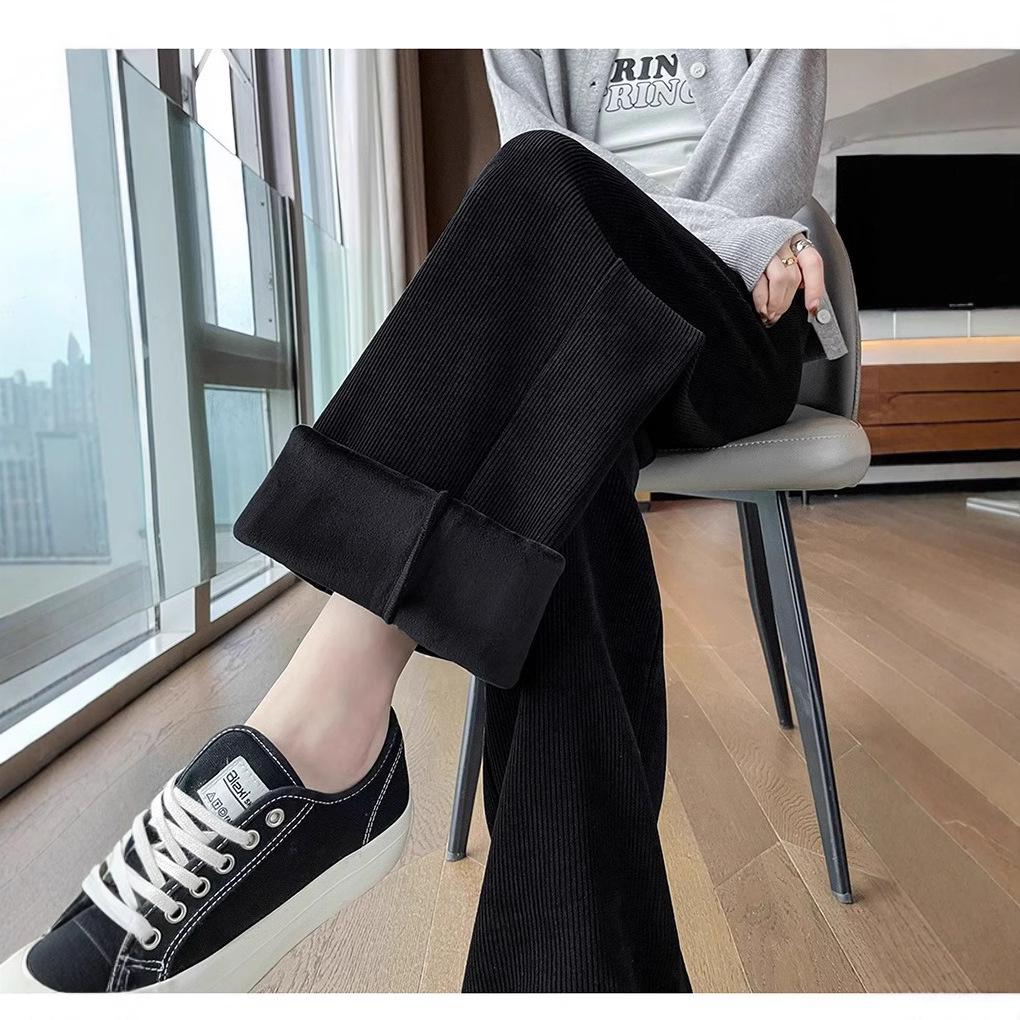 Žinylkové kalhoty s vysokým pasem, zeštíhlující, manšestrové, se širokými nohavicemi, podzim/zima 2024, dámské, ležérní, rovný střih